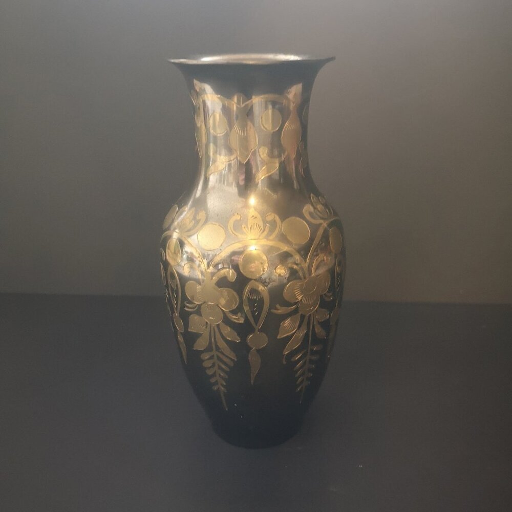 Vintage Etched Solid Brass Laquered Vase Made in India 8 1/2" Tall